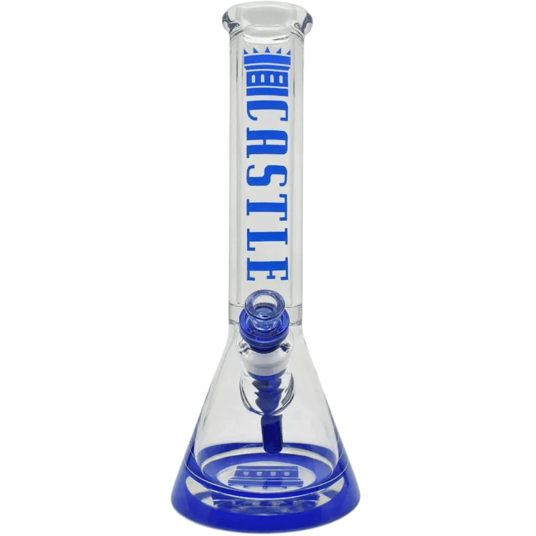 Castle Glassworks 14" 9mm Logo Beaker Bongs- Assorted Blue Airdrie Vape SuperStore and Bong Shop Alberta Canada