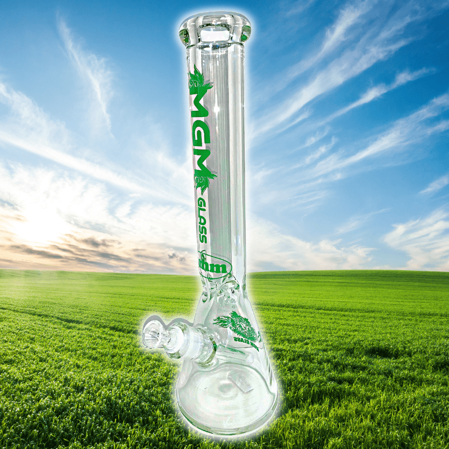 MGM Glass 9mm Classic Clear Logo Beaker-16" Green Airdrie Vape SuperStore and Bong Shop Alberta Canada