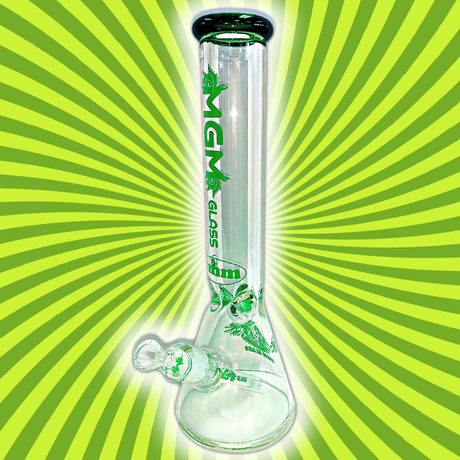 MGM Glass 9mm Logo Beaker-16" Green Airdrie Vape SuperStore and Bong Shop Alberta Canada