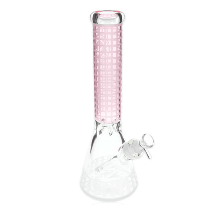 Plain Jane Glass Gridded Sandblasted Weed Leaf Beaker-14" Pink Airdrie Vape SuperStore and Bong Shop Alberta Canada