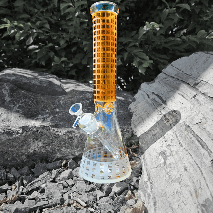 Plain Jane Glass Gridded Sandblasted Weed Leaf Beaker-14" Yellow Airdrie Vape SuperStore and Bong Shop Alberta Canada