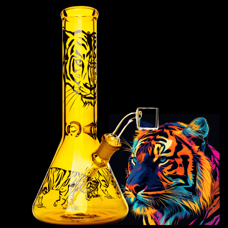 Red Eye Glass Honey Gold Tiger Beaker Base Concentrate Rig-8.5" 7mm Airdrie Vape SuperStore and Bong Shop Alberta Canada