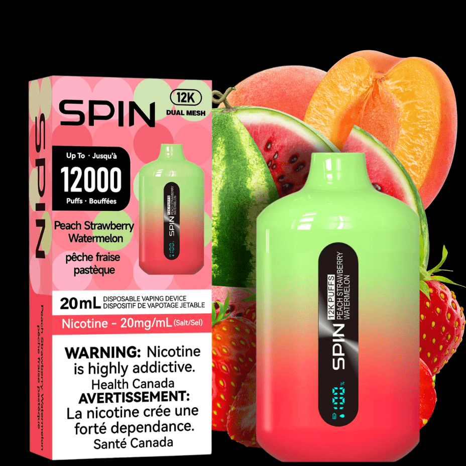 Spin 12,000 Disposable Vape-Peach Strawberry Watermelon 20ml / 20mg Airdrie Vape SuperStore and Bong Shop Alberta Canada